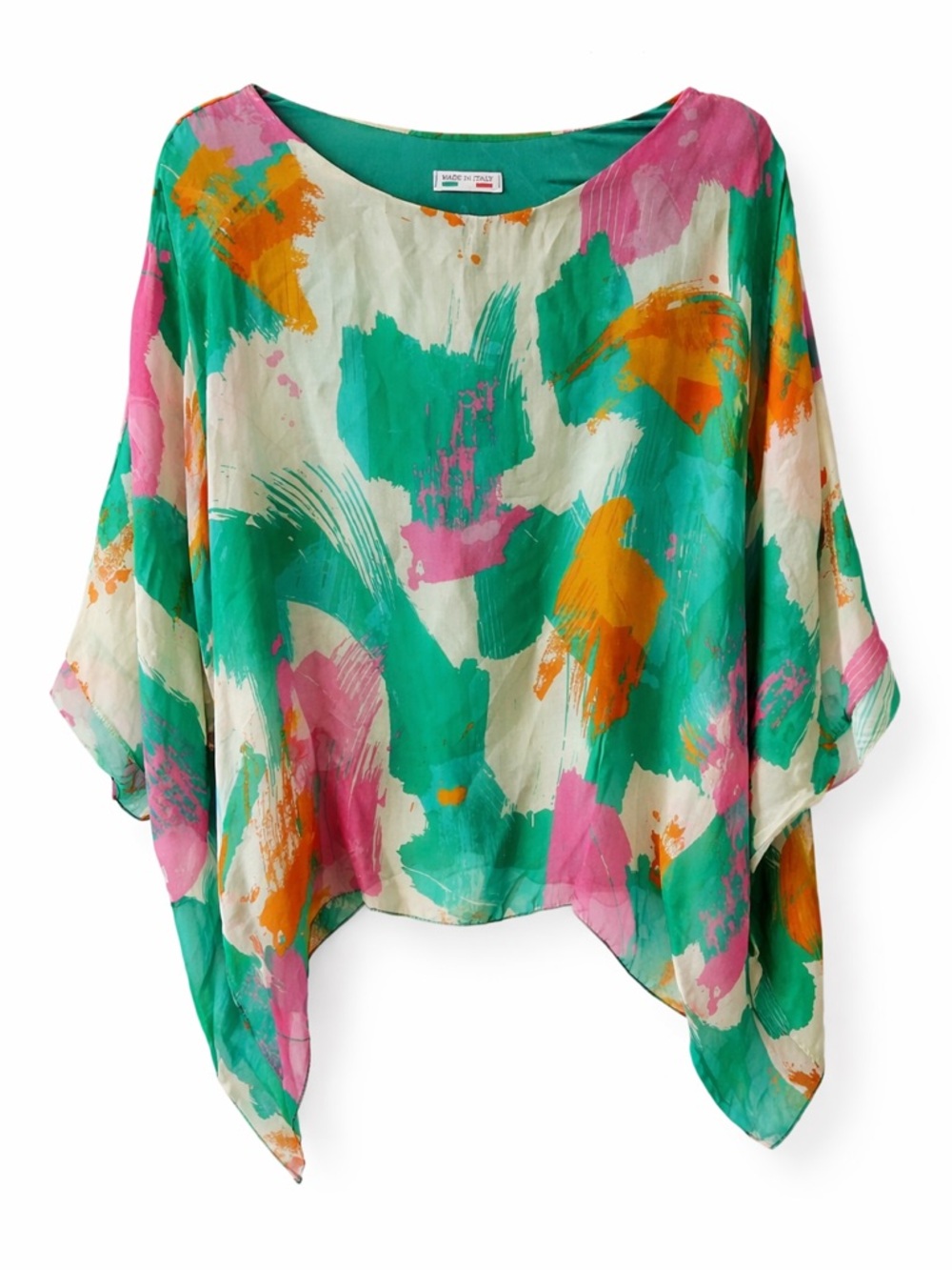 Italian Silk Abstract Boho Poncho Top Flowy Colorful w Tank Medium